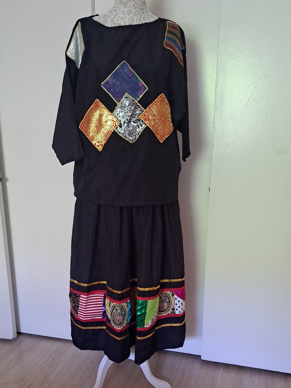 Patchwork Boho Skirt And Blouse  Black Dress with Metallic Accents